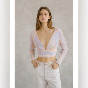 Storia Pastel Crepe Cropped‎ Top Whimsy V-neck Lightweight Long Sleeve Blouse S
